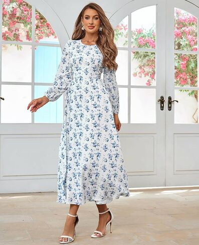 HTZMO Women's Puff Long Sleeve Floral Maxi Dress Tie Waist Flowy Swing 2025 Casual Summer Long Dresses in Saudi Arabia