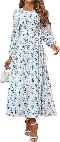 HTZMO Women's Puff Long Sleeve Floral Maxi Dress Tie Waist Flowy Swing 2025 Casual Summer Long Dresses in Saudi Arabia