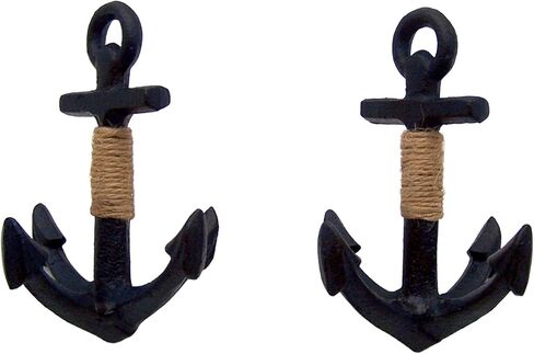 ديكور منزلي بحري من Wowser - مرساة واقفة مزخرفة من الحديد الزهر باللون الأزرق الداكن، قطعة حبل، مجموعة من قطعتين، 15.24 سم in Kuwait