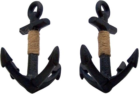 ديكور منزلي بحري من Wowser - مرساة واقفة مزخرفة من الحديد الزهر باللون الأزرق الداكن، قطعة حبل، مجموعة من قطعتين، 15.24 سم in Kuwait