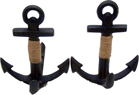 ديكور منزلي بحري من Wowser - مرساة واقفة مزخرفة من الحديد الزهر باللون الأزرق الداكن، قطعة حبل، مجموعة من قطعتين، 15.24 سم in Kuwait