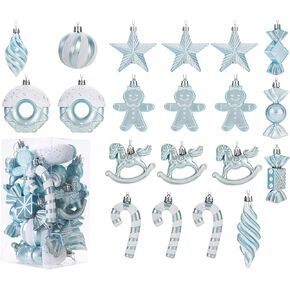 LANGXUN 20pcs Maca Blue Christmas Ornaments for 2024 Christmas Tree Hanging Decorations, Árbol de Navidad Decoración, Plastic Horse, Gingerbread Man, Candy, Stars, Candy Cane Xmas Party Decor