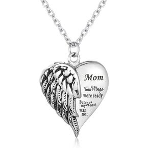 Heart Cremation Urn Necklace Human Ashes Jewelry for Women Men Engraved Your Wings were Ready but My Heart was Not Angel Wings Memorial Pendant Necklace Gift for Family Members