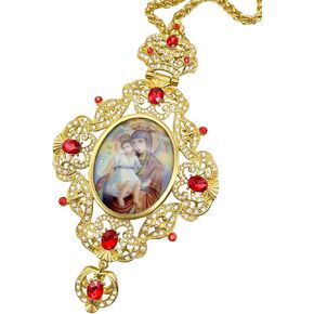 Nazareth Store Pectoral Cross Red Crystals Mary with Jesus Icon Gold Plated Clergy Pendant Christian Priest Bishop Crucifix Pendant Long Chain 24" in Gift Box
