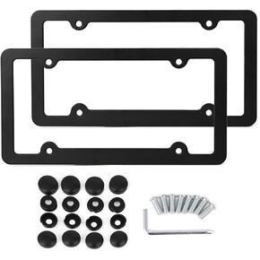X AUTOHAUX 2 Pcs Aluminum Alloy Car 4 Hole License Plate Frame Holder W/Screw Caps - Black