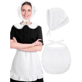 Newcotte 2 Pcs Halloween Colonial Costume Pilgrim Accessory Set Pilgrim Include White Lace Head Kerchief Hair Scarf Colonial Apron for Women Halloween Maid Cosplay Accessories