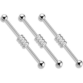 Pierced Owl Set of 3 14GA 316L Stainless Steel Clear Stacked Rectangular CZ Crystals Industrial Barbells