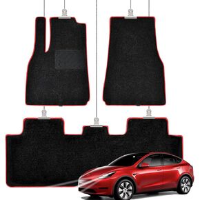 High-End Carpet Floor Mats for Tesla Model Y 2020-2023 2024 2025, Custom Fit for Floor Liners Anti-Slip, All-Weather Waterproof, Soundproof Car Interior Accessories -Red