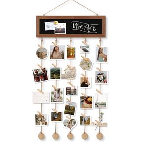 4 THOUGHT Picture Frame Collage Hanging Photo Display Board Wall Decor 15.7" x 5" Picture Board with Blackboard Wooden Rustic Frame for Wall Dorm Room Decor Christmas Birthday Gift with 30 Clips