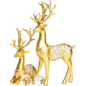 Christmas Reindeer Resin Sculpture Couple Deer Figurine Statue Home Office Decor 2pcs Gold