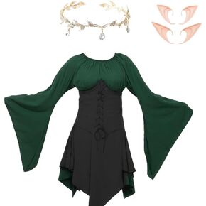 3 Pcs Women Elf Renaissance Medieval Dress Victorian Gothic Renaissance Corset Skirt for Halloween Cosplay