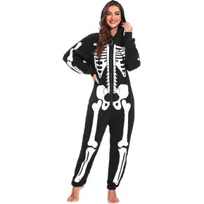 Women Halloween Skeleton Costume Onesie Jumpsuit Adult Plus Size Cozy Pajamas Hoodie Outfit Suit Scary Cosplay
