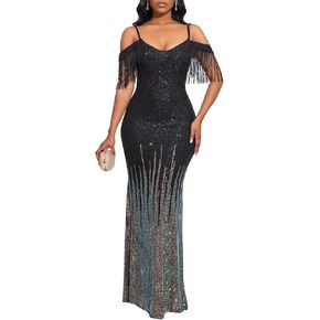 Cololura Women Sexy Elegant Sequin Tassel Off Shoulder Spaghetti Strap Bodycon Long Maxi Party Evening Gown Formal Dress