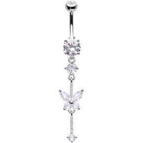 Pierced Owl 14GA Stainless Steel CZ Crystal Butterfly Drop Dangling Belly Button Ring