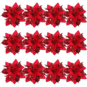 NUOBESTY 12 Pieces Christmas Glitter Poinsettia Flowers Christmas Tree Ornaments Artificial Flowers for Christmas Tree Decoraiton with Stems and Clips (Red)