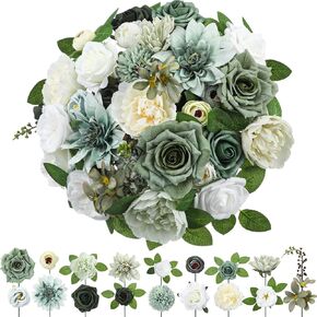 Hoteam 2 Bundles 40 Heads Artificial Flowers Combo Silk Mix Green Fake Flowers with Stems Roses Peonies Dahlia Greenery Combo Set for DIY Wedding Bouquets Baby Shower Table Centerpieces Home Decor