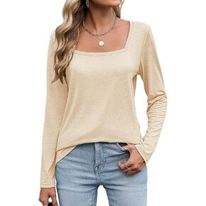 Sherosa Womens Long Sleeve Square Neck Shirts 2024 Casual Fall Tops Blouses Basic Tee Outfits