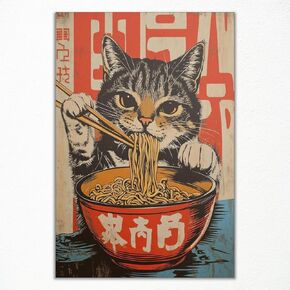 Vintage Japanese Cat Canvas Wall Art, Quirky Black Cat Eating Ramen Poster, Retro Funny Animal Food Art Print, Unique Kitchen Dining Room Wall Decor, Noodle Lover Gift 12x16in Unframed