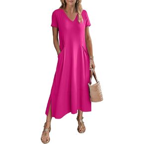 ANRABESS Women's Summer Casual Short Sleeve Long T Shirts Maxi Dresses V Neck Split 2025 Beach Vacation Dress with Pockets