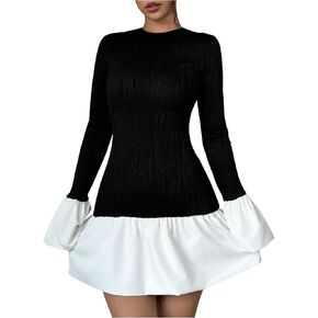 GORGLITTER Women's Color Block Ruffle Bubble Dress Trendy Puff Long Sleeve Crewneck Mini Dresses