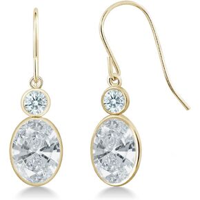 Gem Stone King 14K Yellow Gold White Zirconia Hook French Fish Ear Wire Dangle Earrings For Women (2.64 Cttw, Oval 8X6MM, Round 3MM)