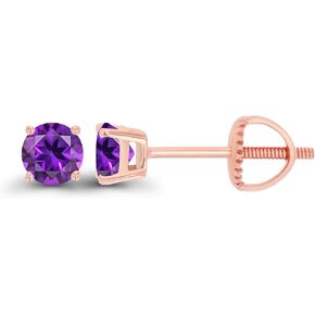 Solid 14K Gold 4mm Round Hypoallergenic Genuine Birthstone Solitaire Screwback Stud Earrings