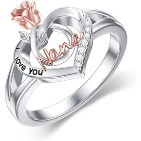 POPKIMI Gifts for Nana Nana Ring with Rose Flower I Love You Nana Jewelry Gifts for Nana Grandmother 925 Sterling Silver Nana Birthday Jewelry I Love You Nana Ring Rose Flower Love Heart Ring for Nana