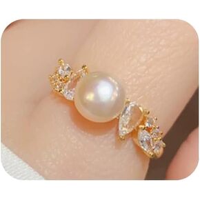 Gold Plated Rings for Women, Unique Design Band with Cubic Zirconia and Pearl, Dainty Stackable Thumb Rings Statement Adjustbale Engagement Bands for Women
