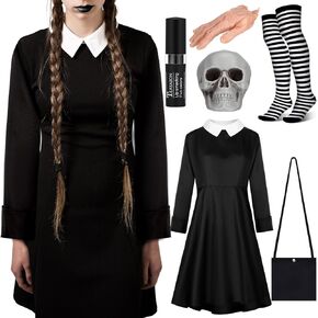 Xtinmee 6 قطع أزياء الهالوين للنساء بياقة بيضاء وأكمام طويلة فستان أسود مخطط جوارب أبيض وأسود يد مخيفة مقطوعة رأس جمجمة بشرية قديمة للديكور in Kuwait