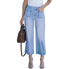 LONGBIDA Wide Leg Jeans for Women Trendy High Waisted Straight Leg Jean Stretch Denim Capri Pants(Light Blue,XL)