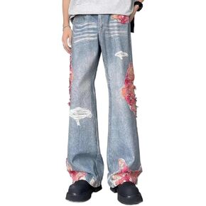 Y2k Grunge Ripped Print Contrast Patchwork Straight Harajuku Hip Hop Casual Baggy Trendy High Waist Hallow Out Jeans