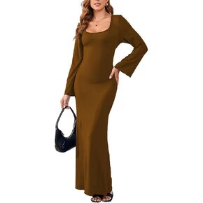 PerZeal Women's Basic Sexy Square Neck Casual Long Sleeve Ribbed Knitted Soft Lounge Long Dress Bodycon Maxi Dresses