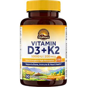 Vitalitown Vitamin D3 K2 Supplement, Vitamin D3 10000 IU Vitamin K2 (MK7) 200 mcg, 90 Softgels, Non-GMO, No Gluten & Soy, for Bone, Teeth, Immune, Heart & Muscle Health