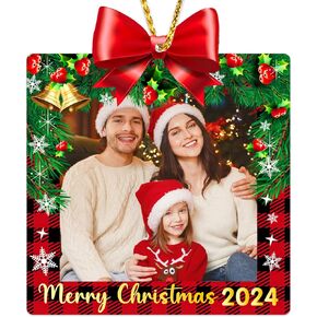 2023 Personalized Photo Frame Christmas Ornament，Christmas Tree Decorations Bow Red Lattice Photo Frame Ornaments with Gifts Box Frame Gifts for Family Friends Kids