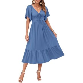 AUSELILY Women's 2025 New Summer Empire Waist Dress Drawstring Pleating Flutter Short Sleeve V Neck Midi Dresses