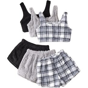 Milumia Women's 6 Piece Fuzzy Pajama Set Plaid Crop Tank Top and Shorts Lounge Sets