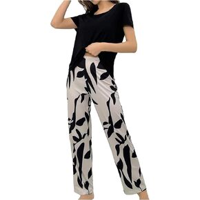 Verdusa Women's 2 Piece Loungewear Pant Sets Short Sleeve Top Sleepwear Pj Set