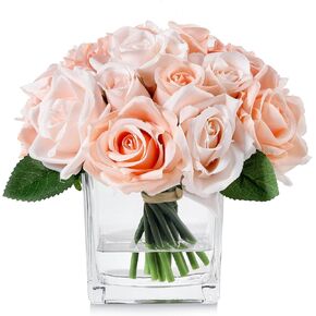 18 Heads Artificial Rose Flowers in Vase, Fake Rose Floral Arrangement in Vase with Fake Water for Dining Table Wedding Home Decor (Red)