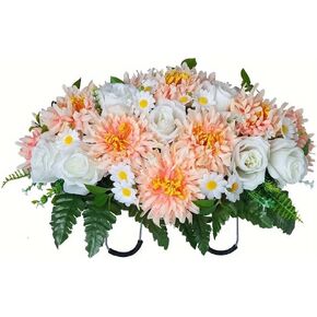 Artificial Cemetery Flowers-Headstone Flower Saddle Realistic Vibrant Roses,26" Fits Most Headstones-Non-Bleed Colors, Artificial Chrysanthemums and Easy Fit