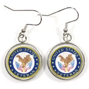 'Thank You for Your Service', More Armed Services Cabochon Dangle Earrings with Military Emblem