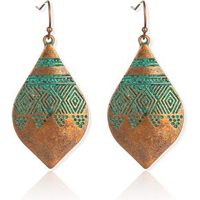 Handmade Vintage leaf Earrings Bohemian Hammered & Engraved Earrings Unique Antique Silver Gold Tribal Ethnic teardrop Shaped Drop Dangle Earrings for Women Girls Jewelry