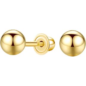 14k Gold Ball Stud Earrings with Solitaire Round Cubic Zirconia in Secure Screw-back Design