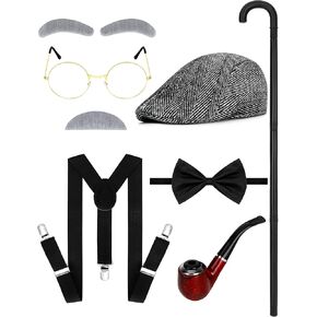 Old Man Costume for Kids, Boy 100 Days of School Glasses Hat Cane, Cosplay Grandpa Costume Set Outfit Accessories