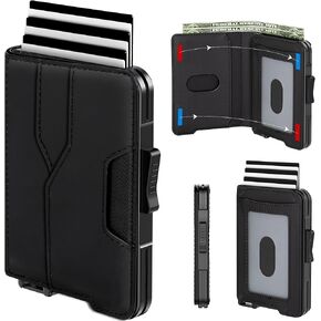 Wallet for Men - Pop Up Case, Cash Slot, Mens Credit Card Wallet - Minimalist Aluminum Case, Slim Leather Front Pocket Wallets with RFID Blocking/ID Window (Black)