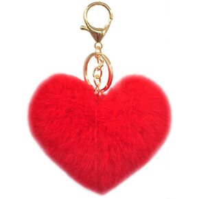 AKOAK 1 Pack Women's Heart Key Chain, Artificial Fur Ball Key Chain, Red Heart Plush Key Ring, Backpack Pendant Charm Girl