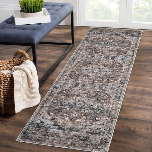 Runner Rug 2x6 Entryway Rug - Machine Washable Vintage Boho Area Rug Non-Slip Kitchen Runner Soft Stain Resistant Runners for Hallways Entryway Laundry Kitchen Bathroom Bedroom,Brown in Saudi Arabia