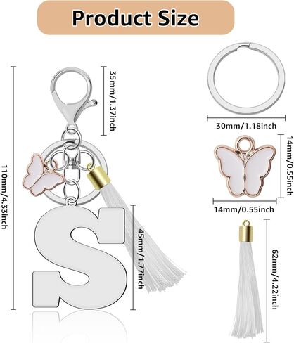 A-Z سلاسل المفاتيح الرسالة الأولية للنساء، شرابة فراشة قلادة حلقة رئيسية لطيف الوردي سلاسل المفاتيح لمحفظة حقيبة الظهر in Kuwait
