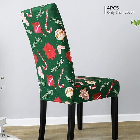 أغطية كراسي عيد الميلاد، مجموعة من 4 أغطية كراسي قابلة للتمدد قابلة للغسل، غطاء مقعد منزلق، حامي أثاث عيد الميلاد لغرفة الطعام، حفل الفندق (أخضر) in Kuwait