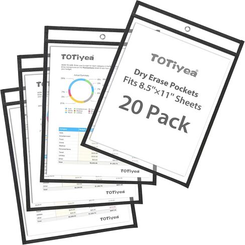 TOTiyea 50 Pack Dry Erase Pockets, Job Ticket Holder, Reusable Plastic Sleeves, Shop Holder Order Pockets, Teacher Supplies for Classroom Organization (0.15mm, 9 x 12 inches, Assorted Color) in Saudi Arabia