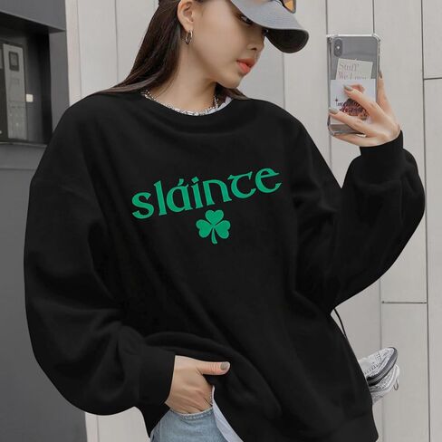 سويت شيرت حريمي لعيد القديس باتريك لاكي شامروك بأكمام طويلة، بلوفر أيرلندي كاجوال in Kuwait